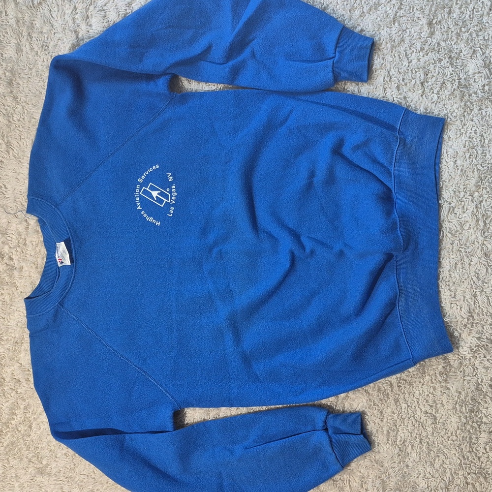 vtg HUGHES AVIATION sweatshirt M HANES cobalt Fleece Crewneck Pullover 38/40